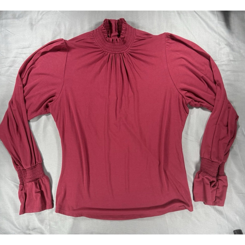 Venus Women's L Burgundy High Neck Long Sleeve Blous Keyhole Back Smocked Cuffs